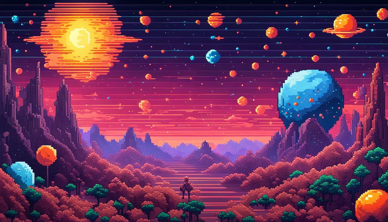 Colorful Pixel Art Galaxy Inspired by Moebius