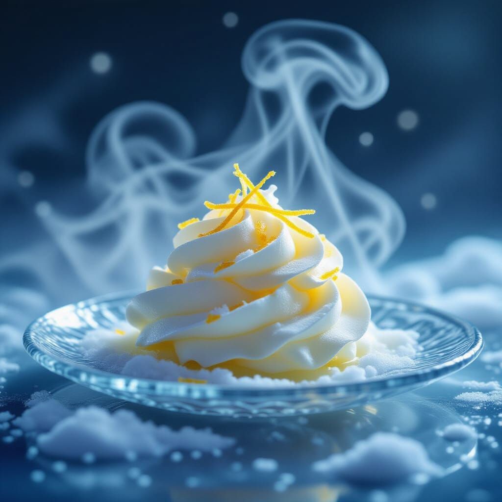 A whimsical dessert shaped like a frozen lemon cloud rests on a frosted glass plate. As the scene unfolds, a puff of cold mist swirls around...