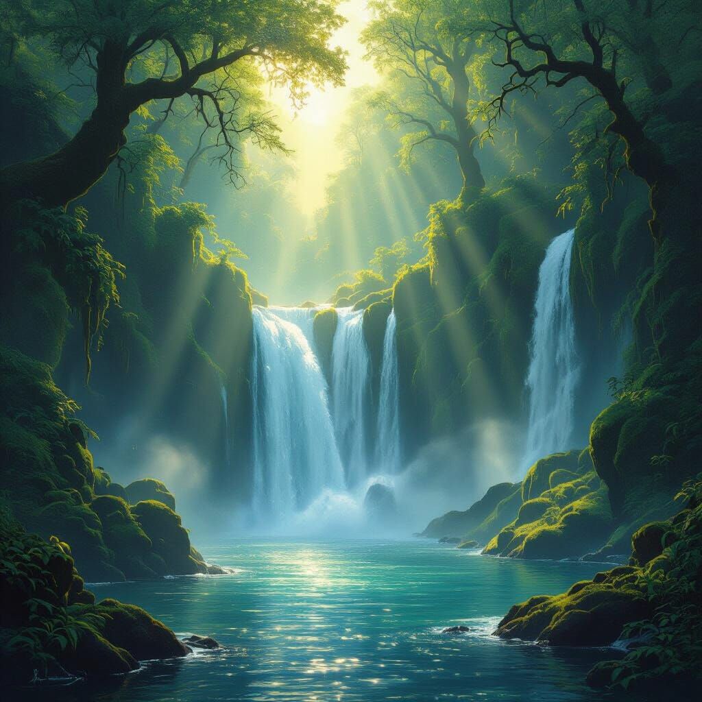A majestic waterfall cascading down moss-covered cliffs into a crystal-clear pool, surrounded by an ancient, enchanted forest. Sunlight filt...