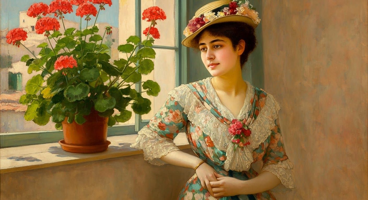Aube en robe de printemps pose devant les géraniums sur le bord de  la fenêtre, en 1895 à la façon de  Diego A. Loayza