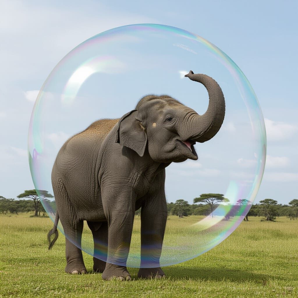 Baby Elephant Floats in Giant Bubble Reflecting Sky