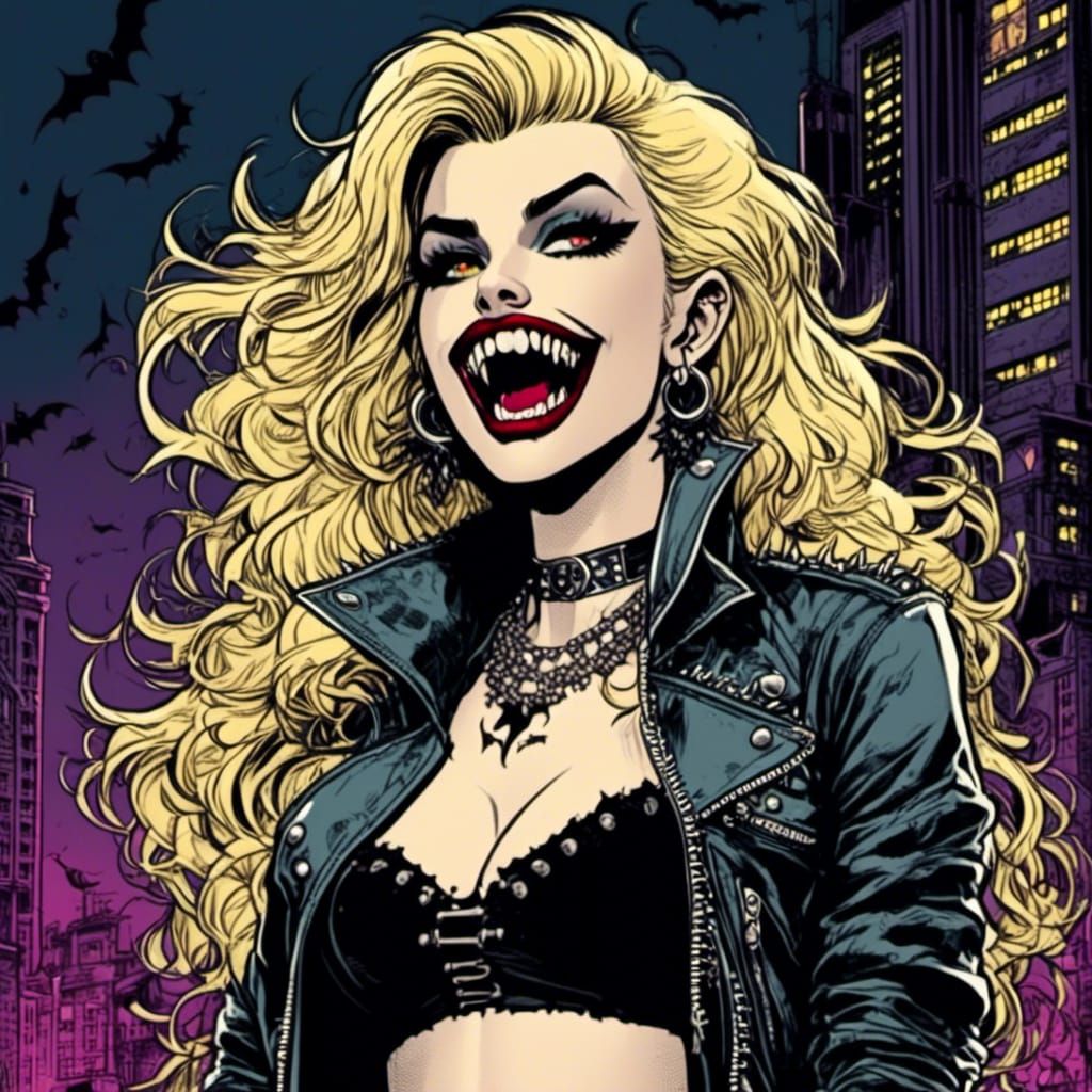 comic-art style full-body portrait of a beautiful blonde modern punk vampire  girl <lora:Gothipunk Vampires 2:1.2> showing her fangs, at nig...