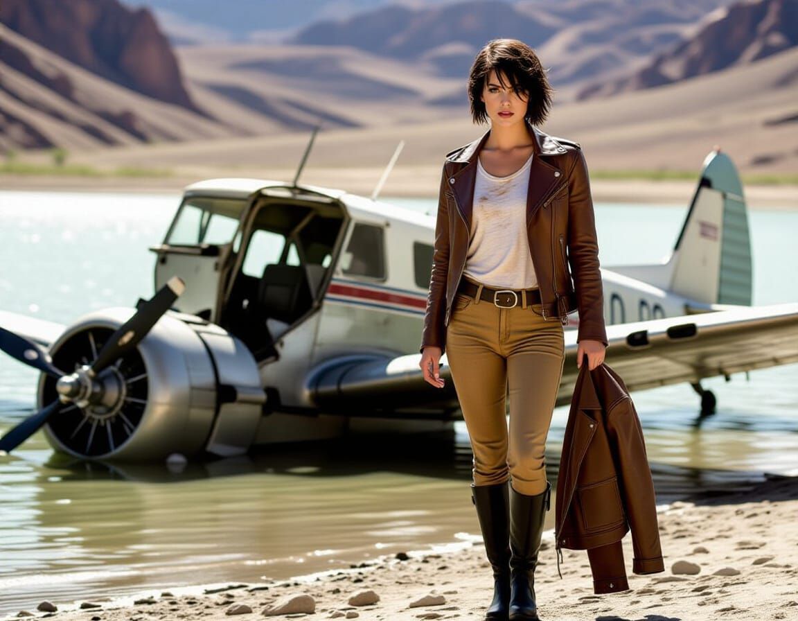 A cinematic and hyper-realistic image of a beautiful young woman with short messy dark hair wearing a tattered white t-shirt, tight tan pant...