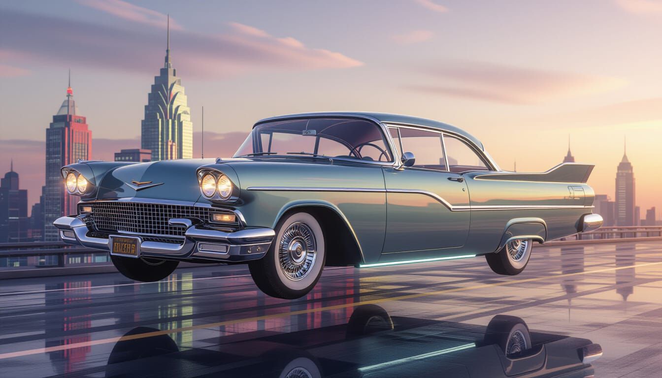 "Create a detailed retro-futuristic concept of a hovering 1958 Plymouth Belvedere. It has no wheels, instead featuring concealed anti-gravit...