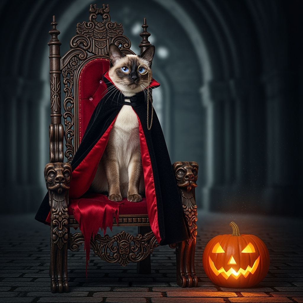 A regal Siamese cat, adorned in a luxurious velvet vampire cape and a tiny monocle, sits on a gothic ...  by @Dave Crosby