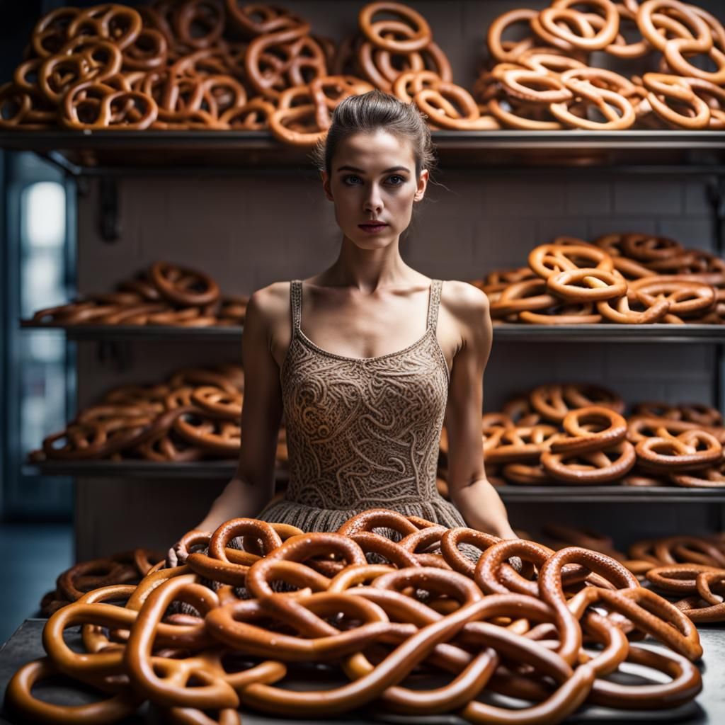 A beautiful woman standing in a bakery wearing a dress made ...