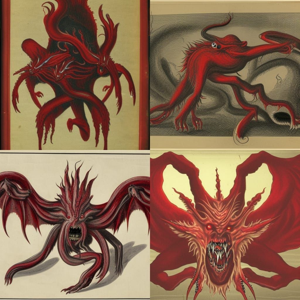 demonic creature with red eyes , sharp talons, tendrils ,  attacking a man , tendril through the stomach, bleeding out