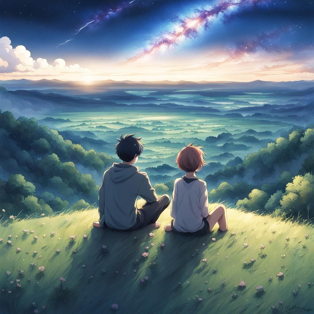 Anime Couple Watching Milky Way Sky