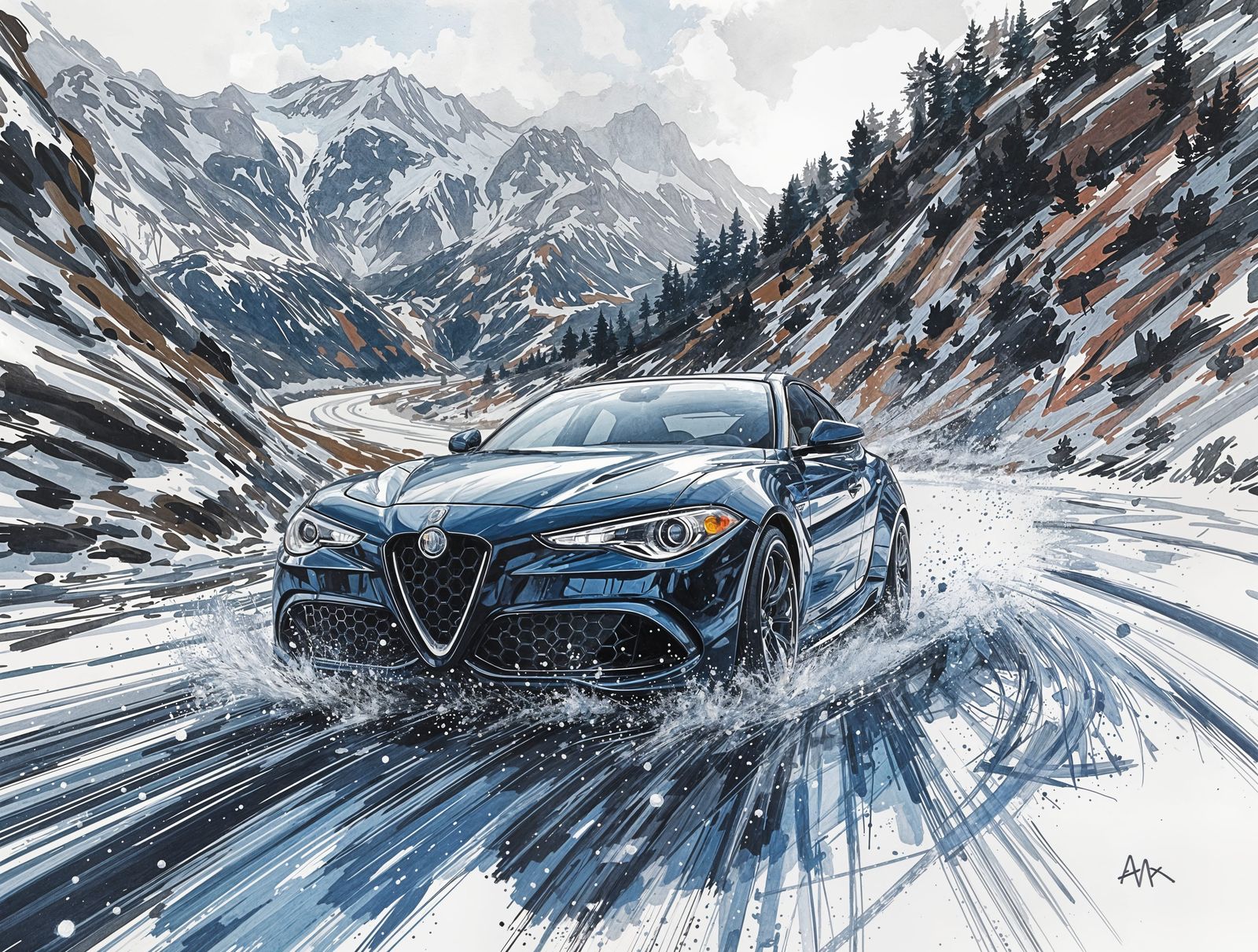 A dark blue 2018 Alfa Romeo Giulia Veloce speeding up the mountain road,   by @ShclasH