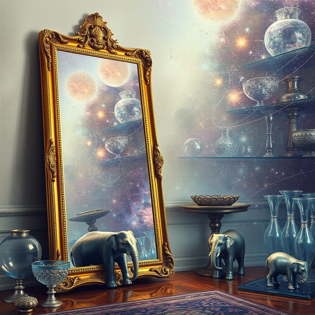 A door-sized gold-framed mirror leans into a wall, reflects ...