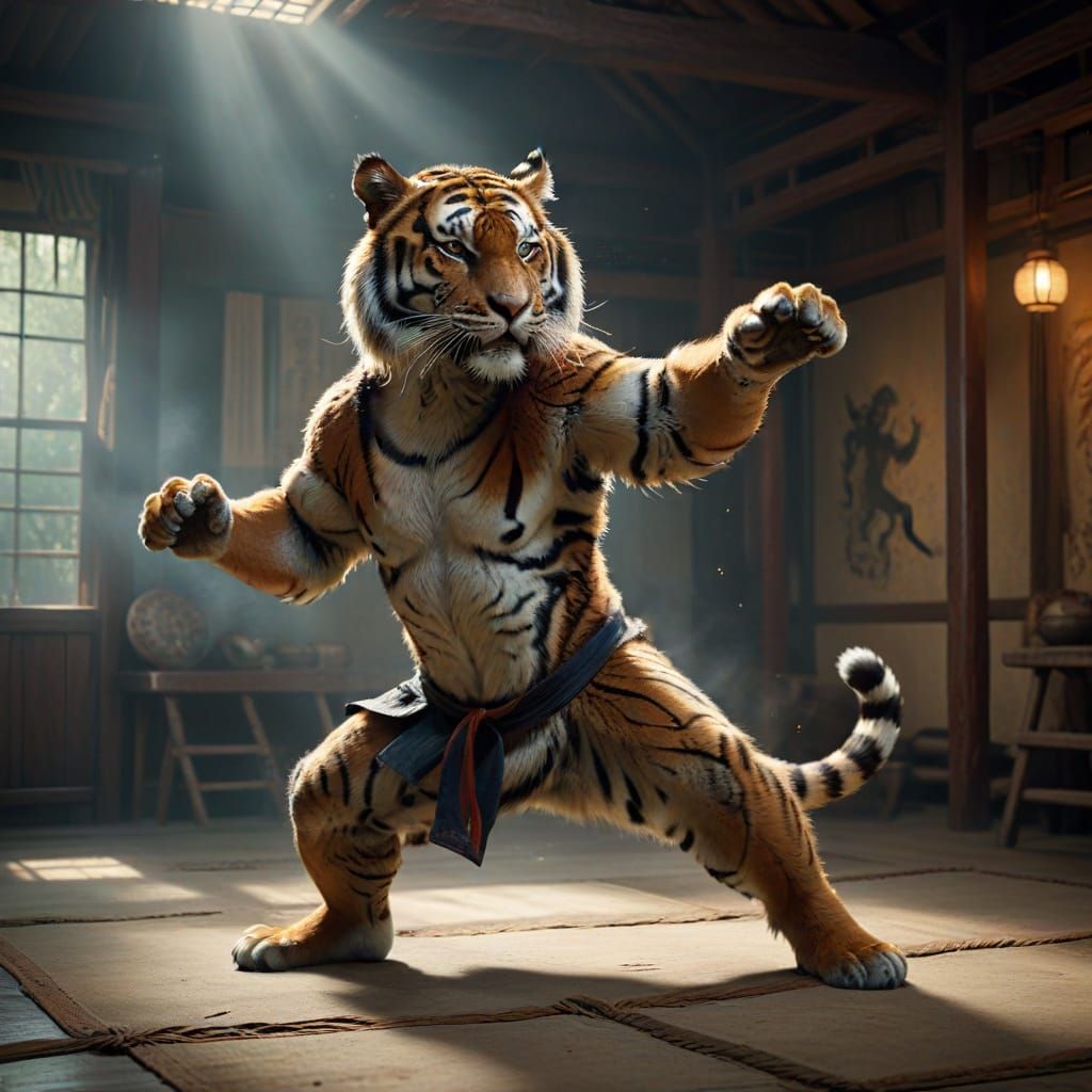 Tiger Practicing Kung Fu in Dojo