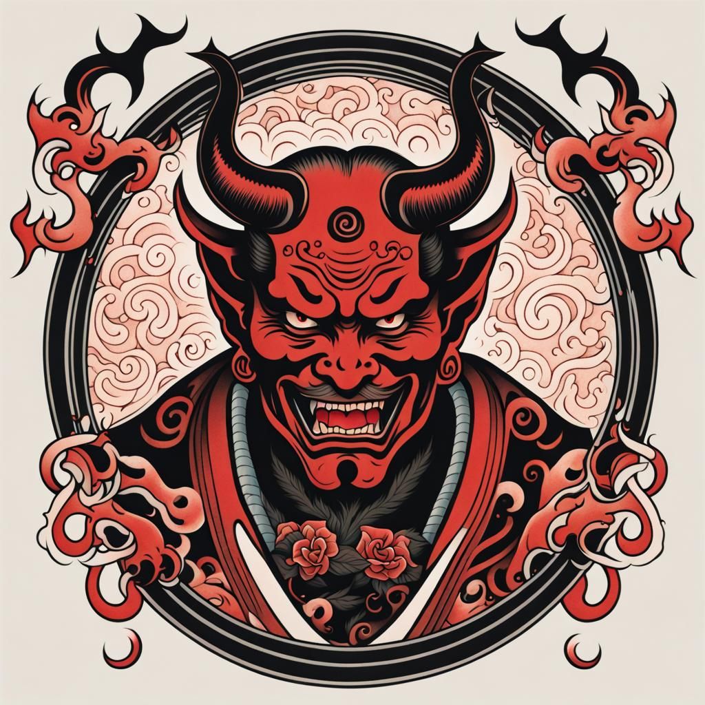 a Japanese style tattoo design of a devil