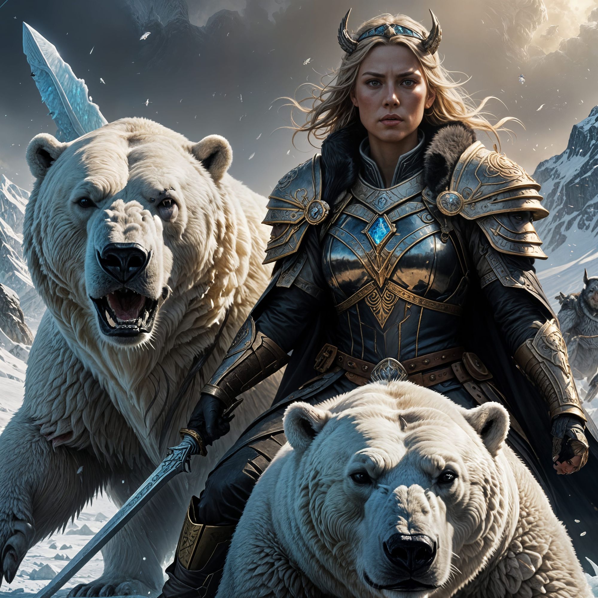 An angelic valkyre riding on a necro polarbear fighting with penguins wearing yamickas