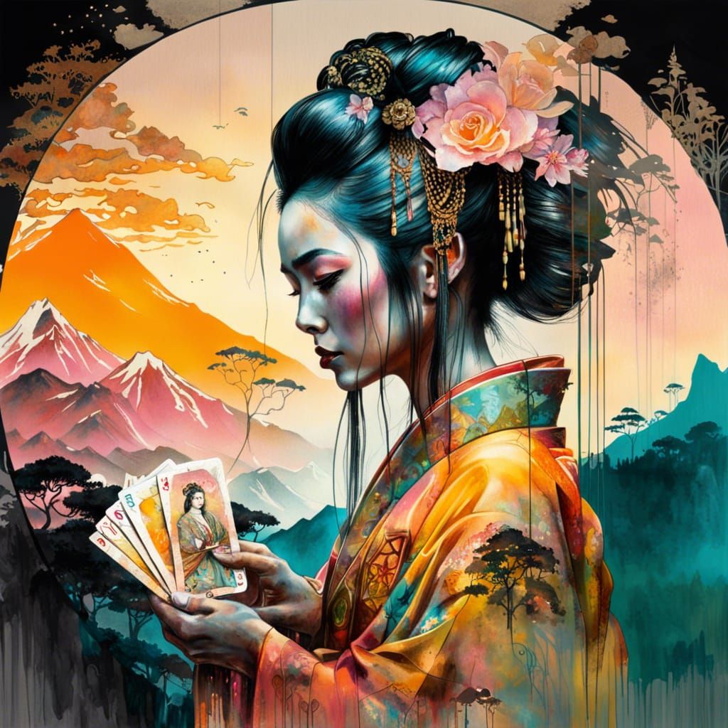 Geisha Tarot Card Reading in Double Exposure Style