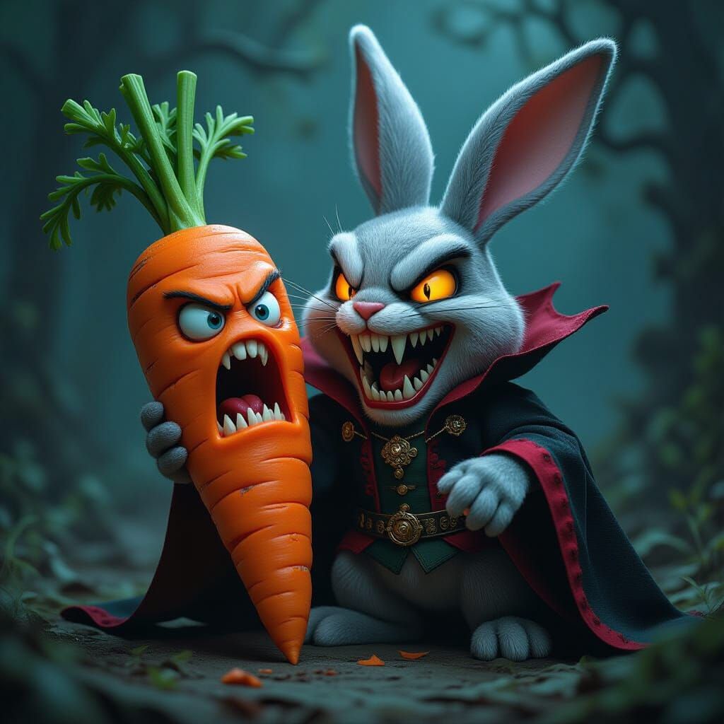 A sinister evil vampire rabbit toy  animal biting it's victi...