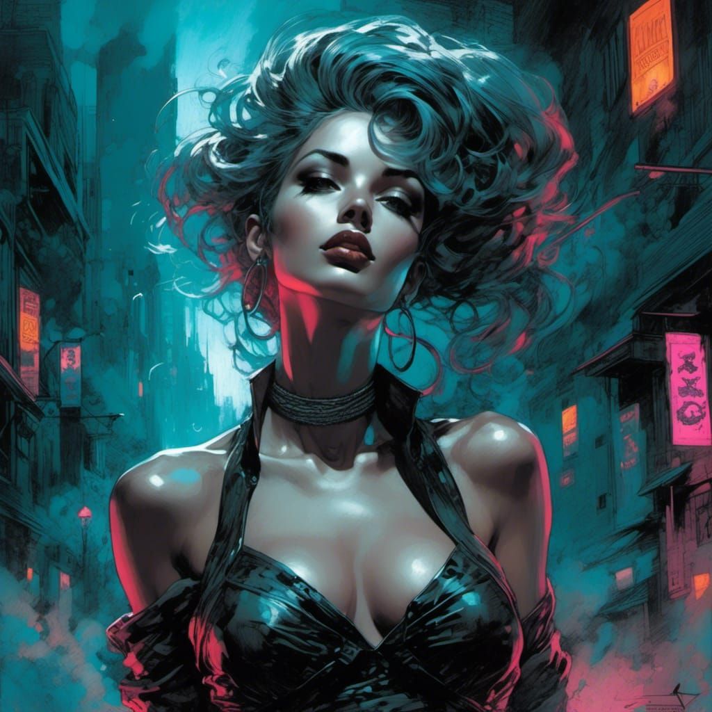 <lora:Graphic Meld:0.78> Pristine Female in street cloths, highlighted hair, Comic Art black and teal haze, Smoke and fog,  ::  complex cha...