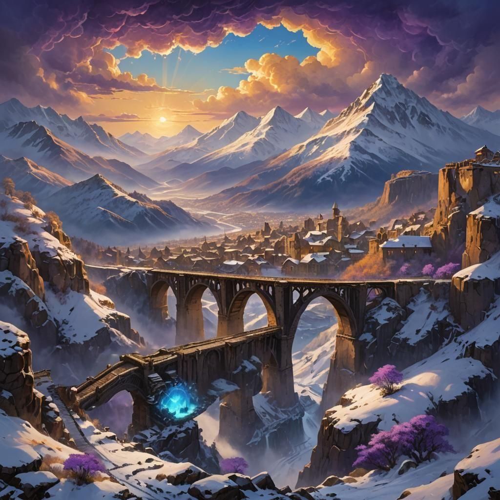 Snowy Mountains and Train in Detailed Matte Painting