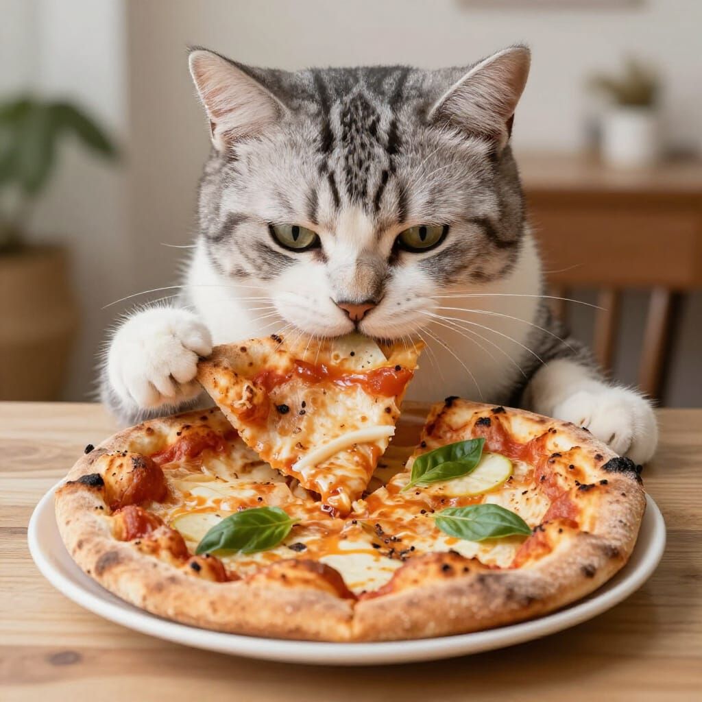 Man with Cat Head Eating Pizza