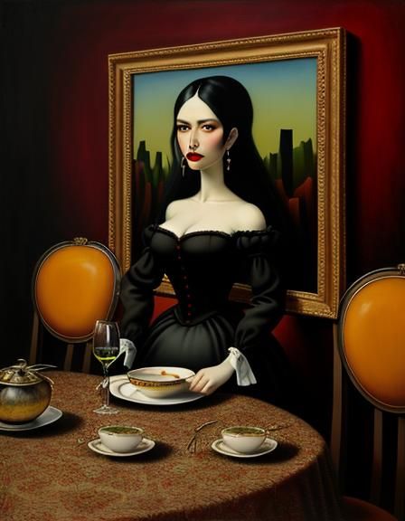 Surreal Oil Painting of Woman in Dining Room