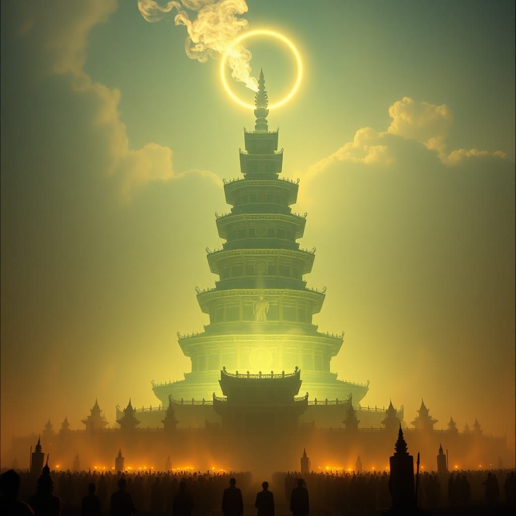 Ethereal Pagoda in Dreamlike Landscape