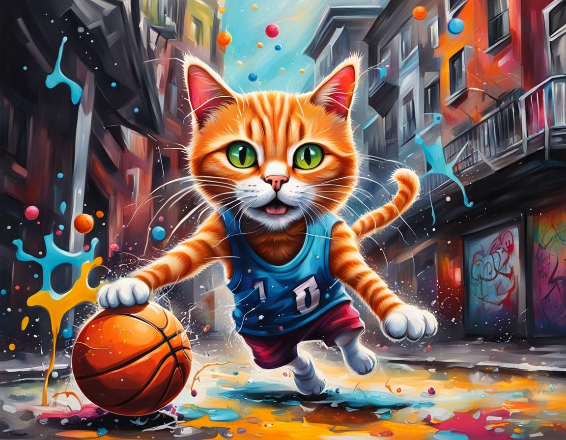 A cat playing basketball in town, graffiti art, splash art, ...