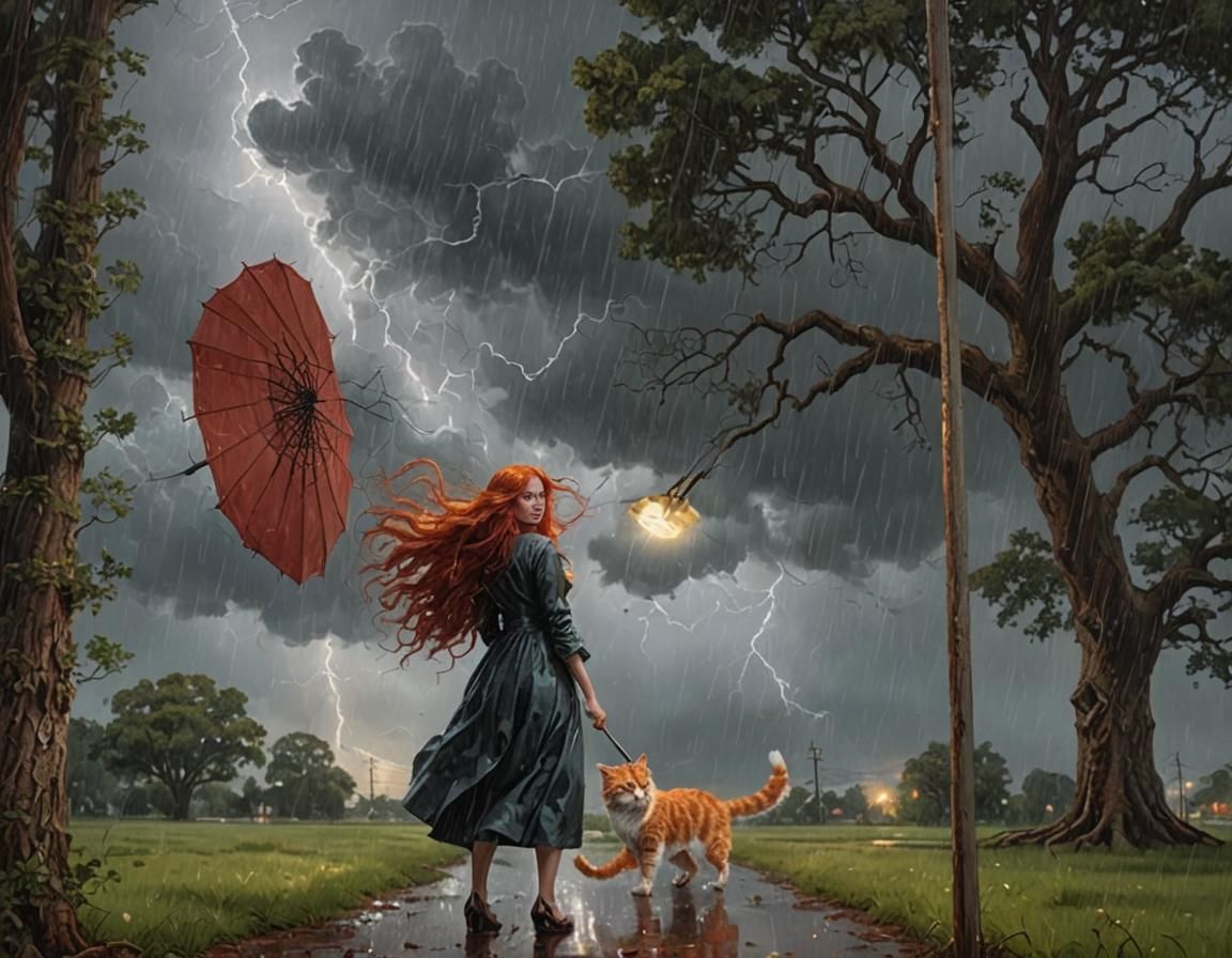 Woman with long red hair In the rain  under a dark cloud get...