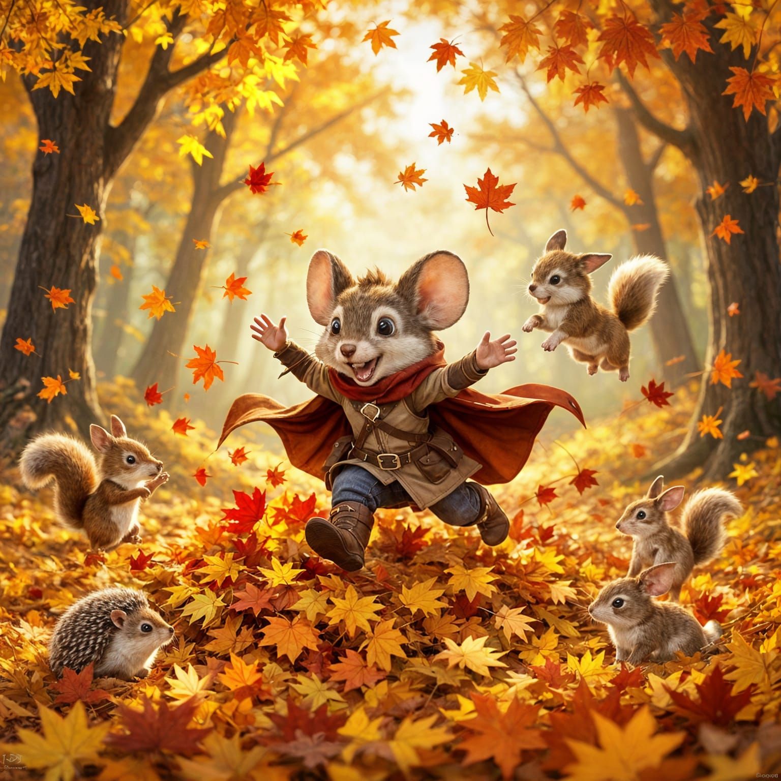 A heartwarming autumn scene: an anthropomorphic mouse adventurer named Finn, dressed in his travel cloak ...  by @Zhopen