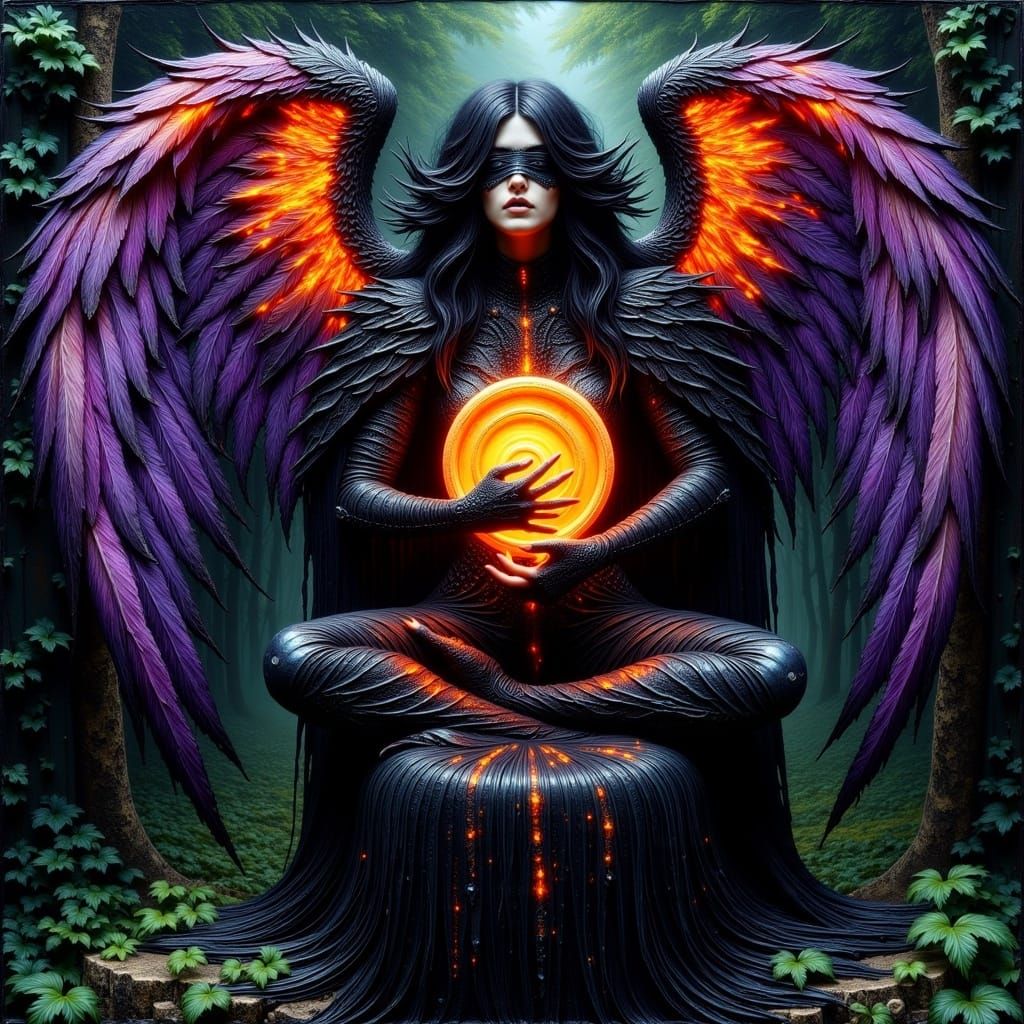 <lora:EncausticTextures:1.0> moody encaustic painting with thick layers of textured paint, rock album cover, ethereal, fiery depiction in en...