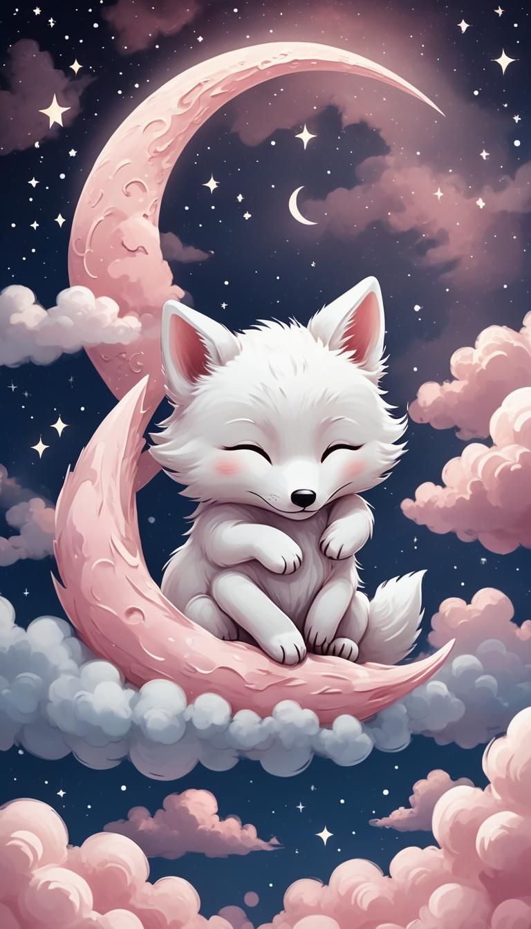 (fluffy white super cute fox chibi sleeps on a pink cotton c...