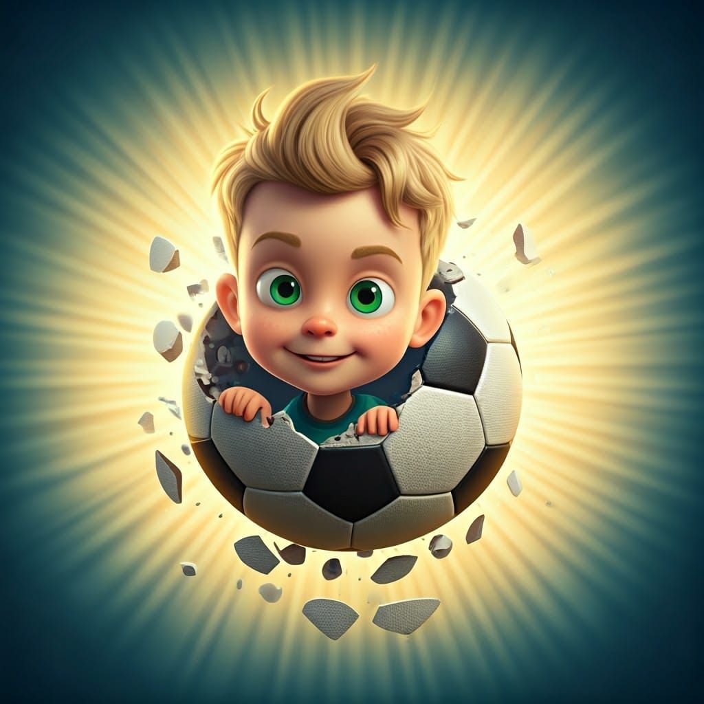 כדורגל מתפוצצת ומהכדורגל יוצא ילד חמוד בן 3 בלונדיני עם עיניים ירוקות