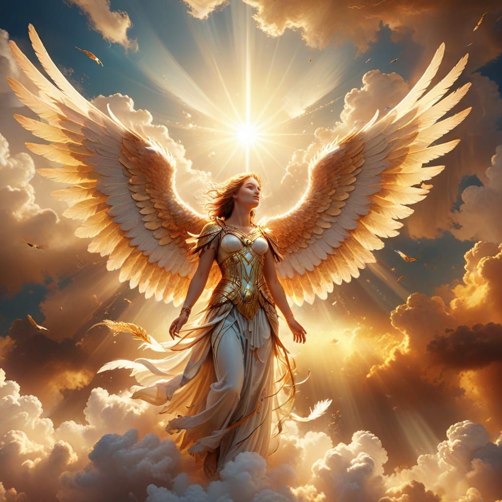 beautiful Angel with big wings rises into the sky full of clouds, and from behind them the sun shines directly on the an...