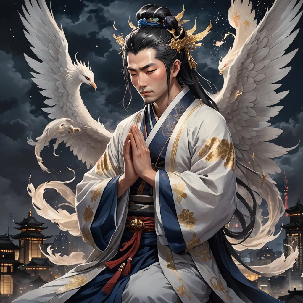 A captivating scene of a male onmyoji, dressed in traditional attire ...