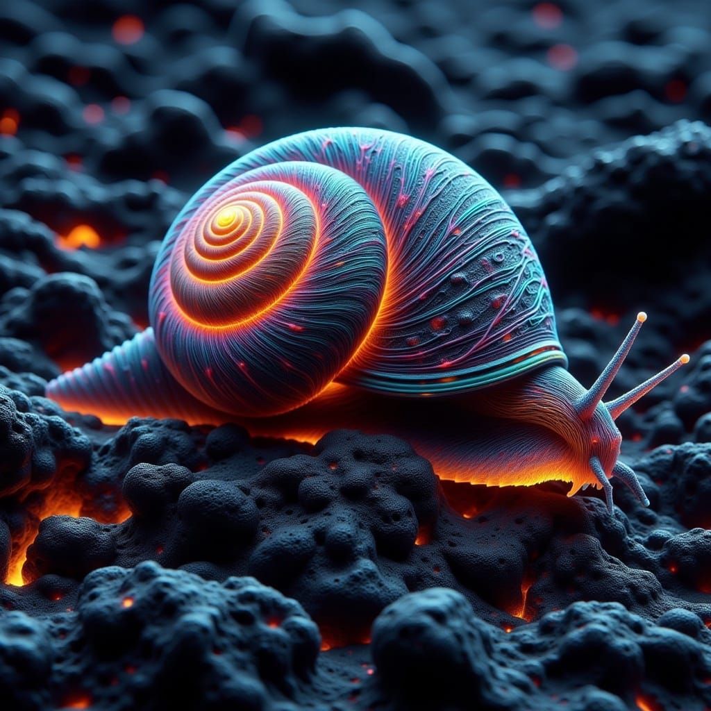 <lora:-Darken-:1.0> a snail, glowing cracks, lava rock