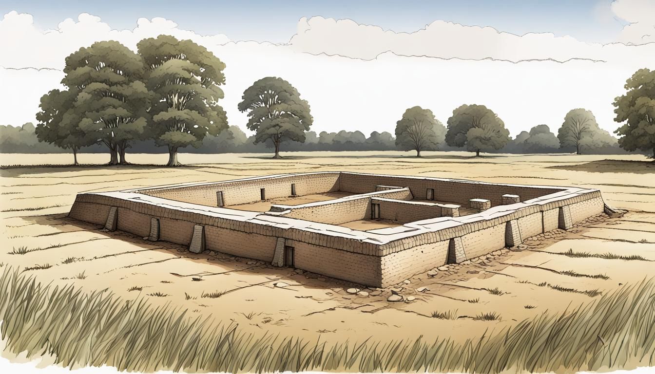The unearthed remains of a rectangular temple from 1,400 yea...