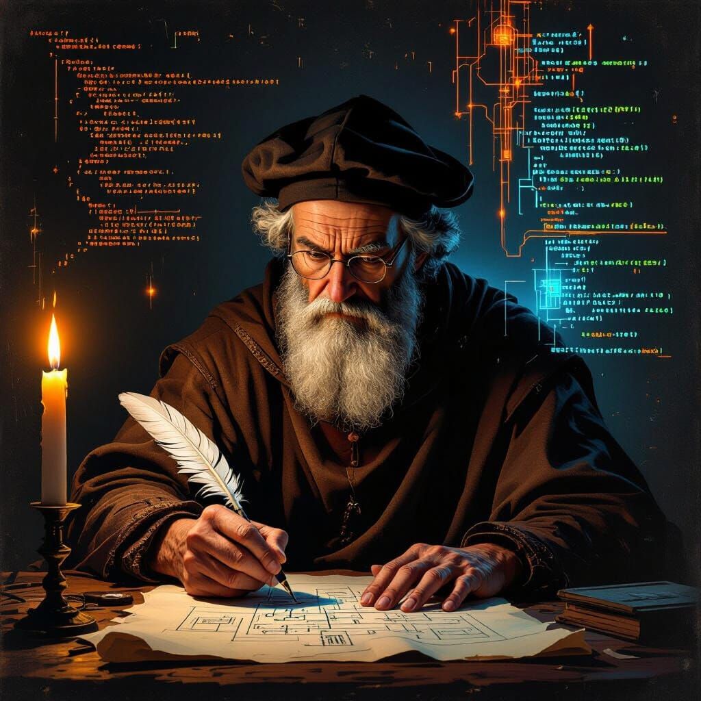 "Cyber-Renaissance painting: Archimedes, an aged scholar with quill, meticulously drawing digital algorithms and circuit diagrams on parchme...