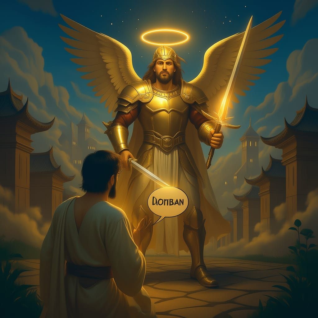 Daniel kneeling in prayer at night, glowing golden light surrounding him, ancient city in background, soft mist, flowing robes, cinematic li...