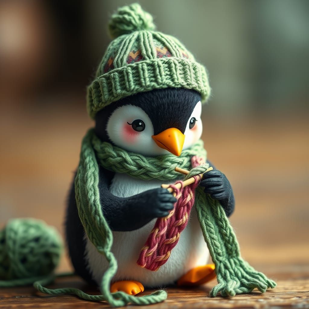 a cute penguin knitting a scarf, by jmcdonalds, in the style of detailed character design, low depth ...  by @Mr Mrs Meadows
