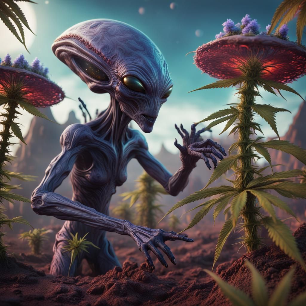 Alien tending to growing crazy looking cannabis flowers on a...