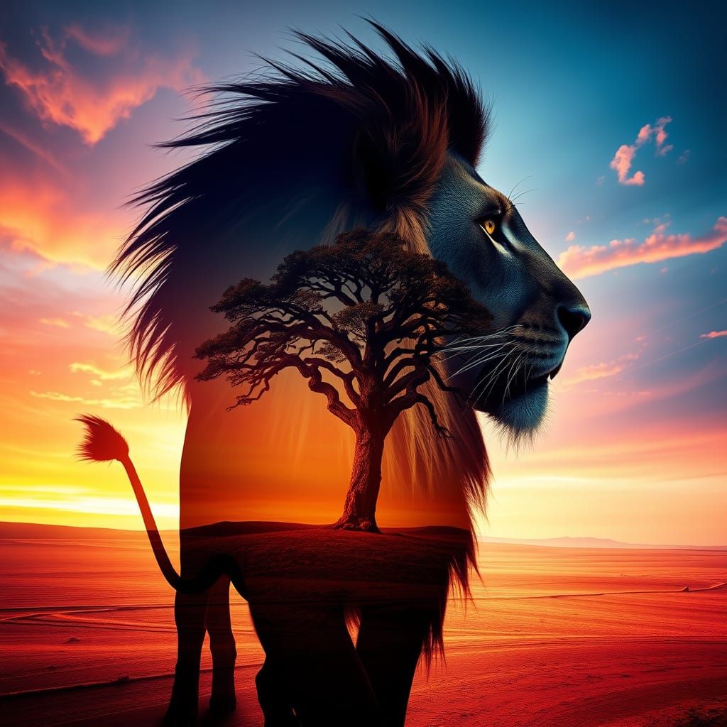 Double exposure of a silhouette of a lion in the desert - the silhouette is transparent and you see a ...  by @Seaman
