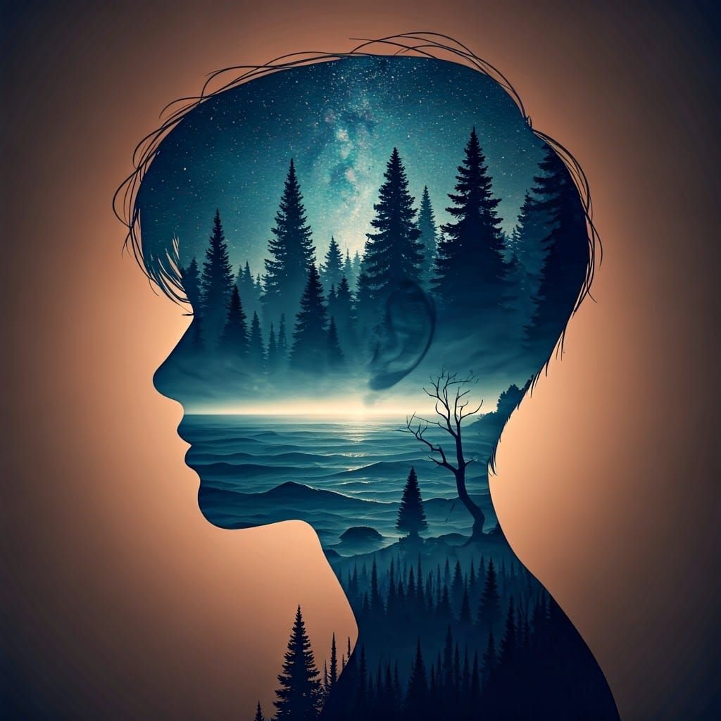 A person’s profile filled with a forest, ocean, or starry sky.  by @Ethan Ikediashi