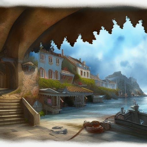 watercolor of an old French coastal village