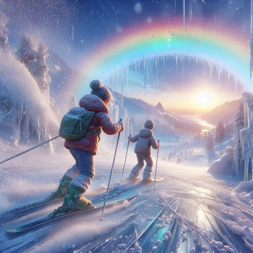 Skiing under rainbow