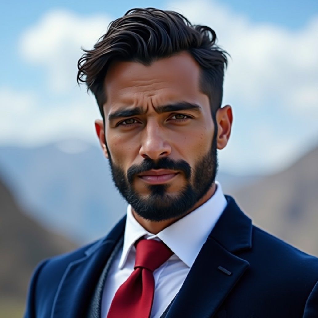 A handsome man  wearing  a   blue  velvet suit