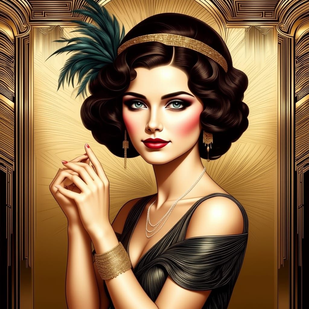 Art Deco Flapper Portrait with Feathered Headpiece