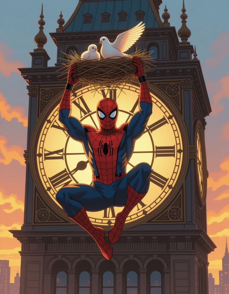 Spider-Man hangs from the hands of a giant city clock, and a dove builds a nest on Spider-Man's head and takes care of her chicks. Digital a...