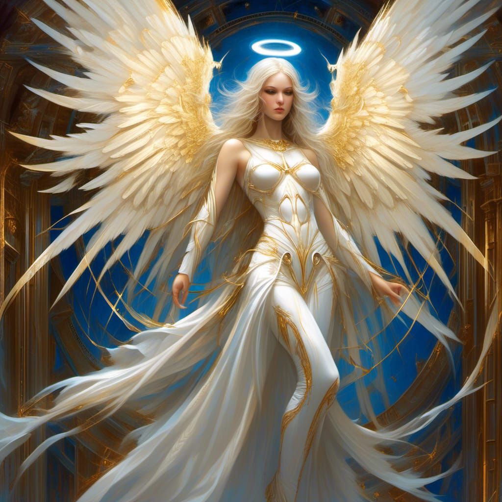 Ultra Realistic portrait of heavenly female Angel, golden halo, sharp elegant wings, in neon gold lit majestic background, glowing blue eyes...