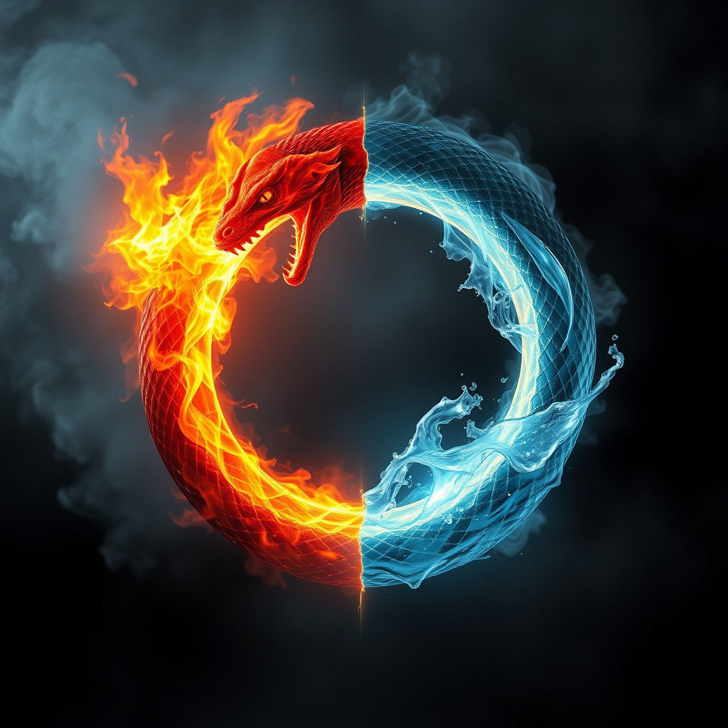 Ouroboros serpent, water and fire, split 