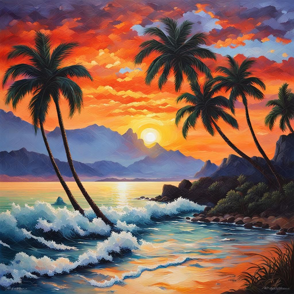 Seaside Dusk Neo-Impressionist Sunset Painting