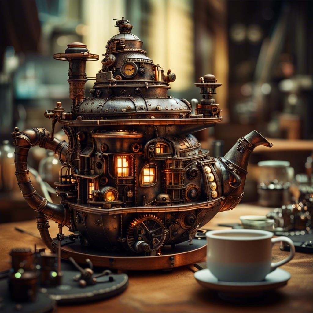 the teapot is a large piece of sculpture that is a steampunk, in the style of dream like