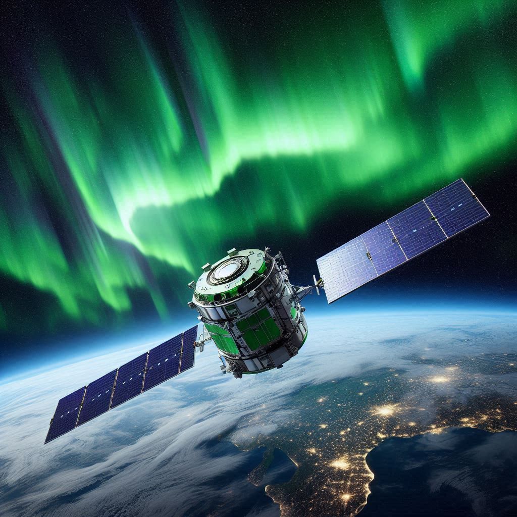 A satellite orbits the Earth against the backdrop of a green aurora